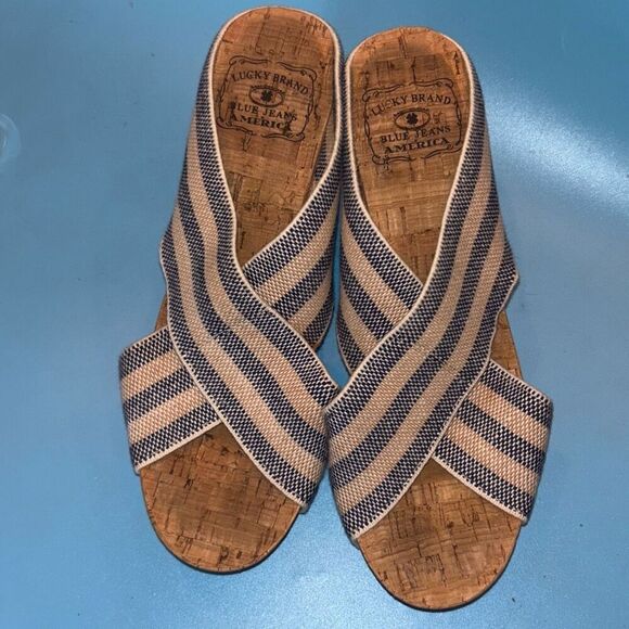 Lucky Brand cork wedge blue/white canvas boho Sz 7.5/8 shoe heel - Picture 5 of 7